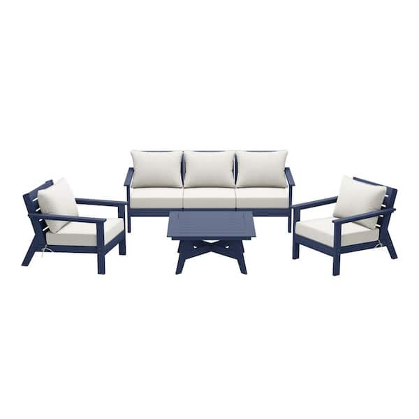 WESTIN OUTDOOR Birchwood Navy Blue Arrangeable 6-Piece Outdoor Patio HDPE Deep Seating Conversation Sofa Set w/ White Cushions