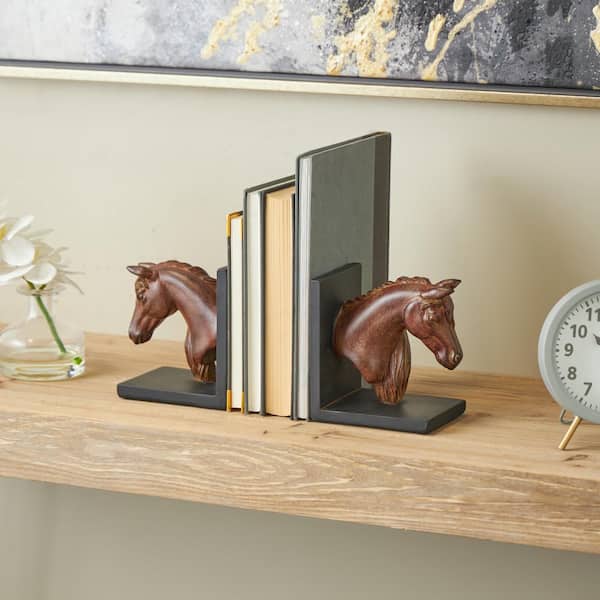 Litton Lane Copper Resin Head Horse Bookends with Black Stands (Set of 2)