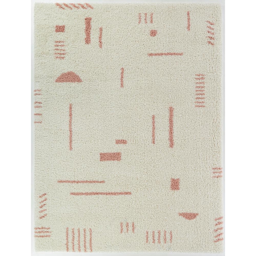 Himalayan Sherpa Cozy White/Pink Geometric Shag Rug 4' x 6'