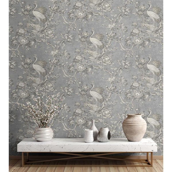 60.75 sq. ft. Metallic Pewter Alice Crane Toile Paper Unpasted Wallpaper Roll