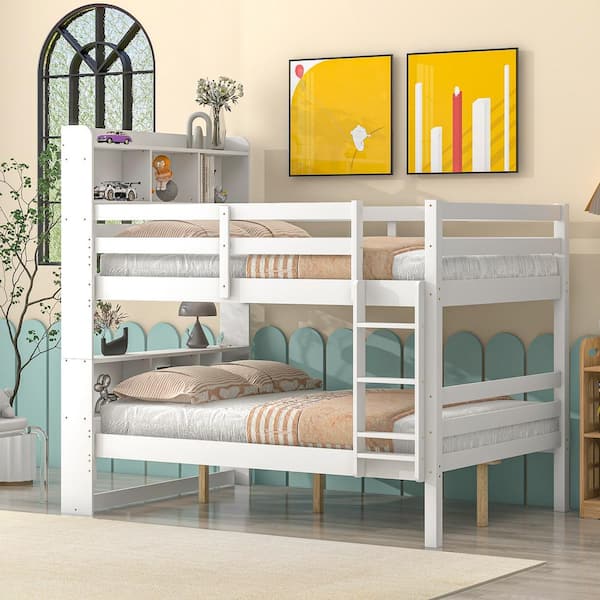 Polibi Full over Full Bunk Beds with Bookcase Headboard, Solid Wood Bed