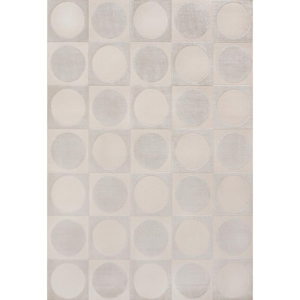 Helena Modern Geometric Circles In Squares High-Low White/Cream 8 ft. x 10 ft. Area Rug