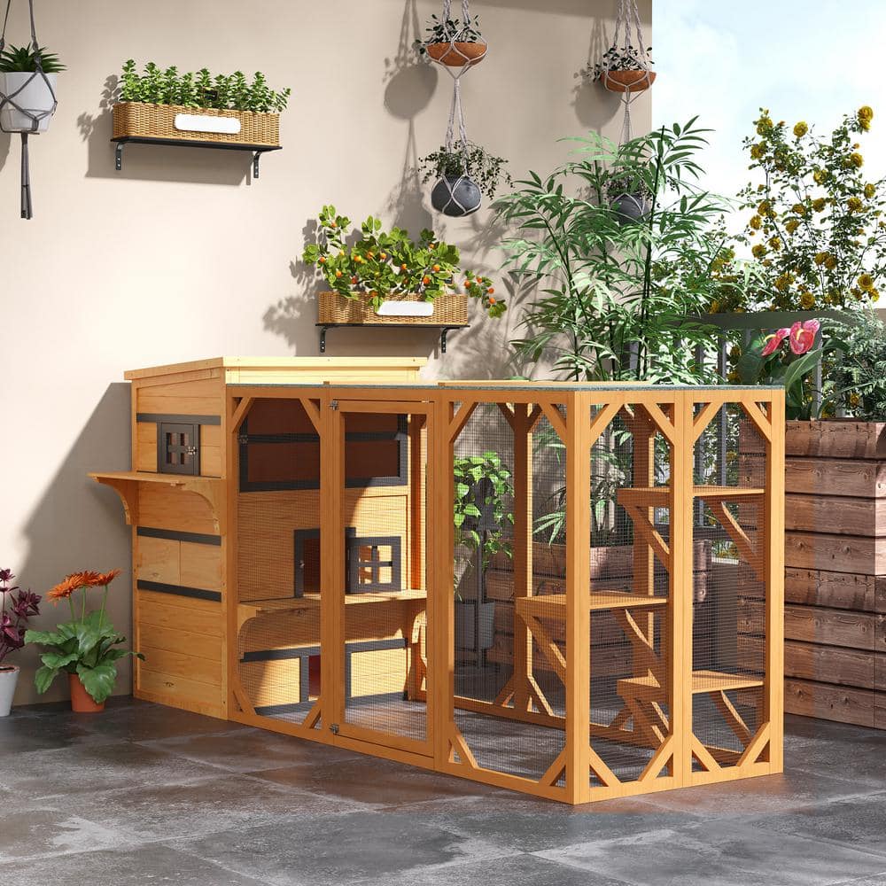 Medium Yellow Wooden 3-Story Outdoor Cat House with Escape Doors