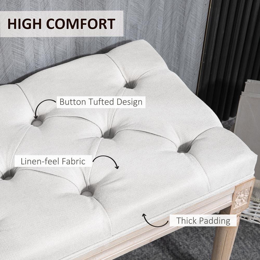 Cream Linen Upholstered Tufted Bedroom Bench with Wood Legs