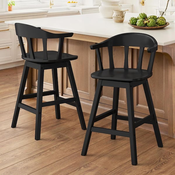 Black Classic Windsor 37.4 in. Swivel Barstool Solid Wood Counter Height Stool with Thicked Spindle Back Set of 2