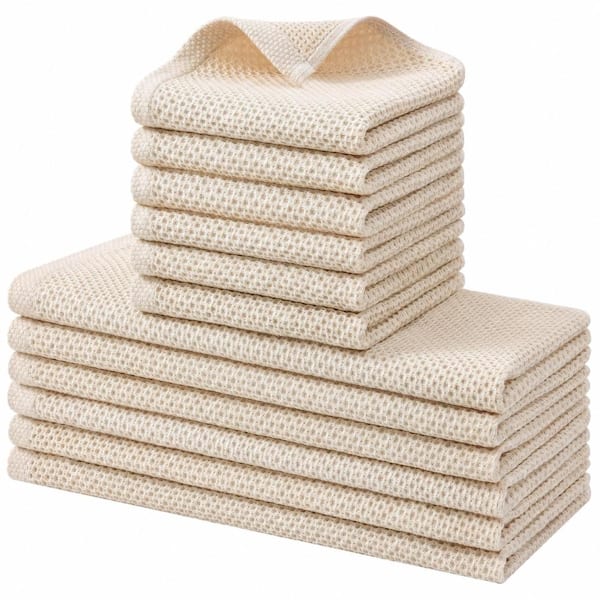 Beige Waffle Weave Cotton Kitchen Towels and Dishcloths Set of 12 Pieces, 13 in x 28 in and 12 in x 12 in