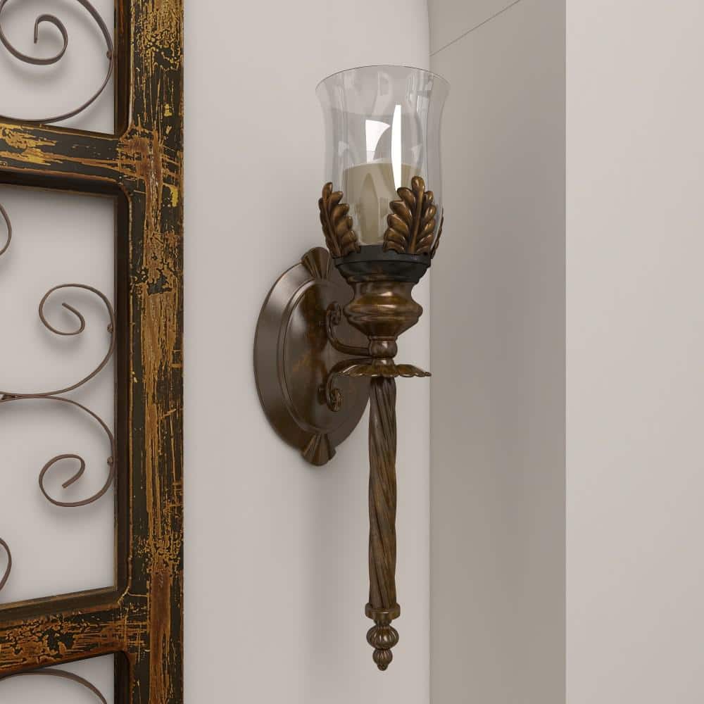 Rustic Elegance Bronze Metal & Glass Hurricane Wall Sconce