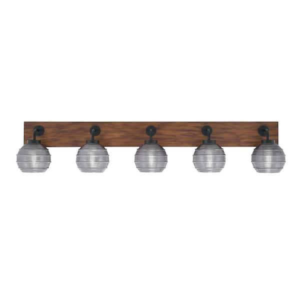 Unbranded Kirby 46.75 in. 5 Light Black and Painted Wood-look Vanity Light with 6 in. Smoke Ribbed Glass Shades No Bulbs Included