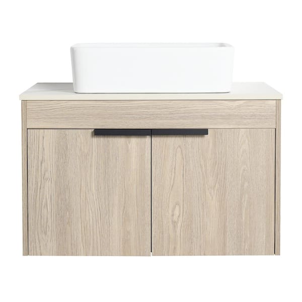 ANGELES HOME 29.5 in. W x 18.9 in. D x 23.6 in. H Wall Mounted Bath Vanity in White Oak with Ceramic Top,Soft Close Door,Single Sink