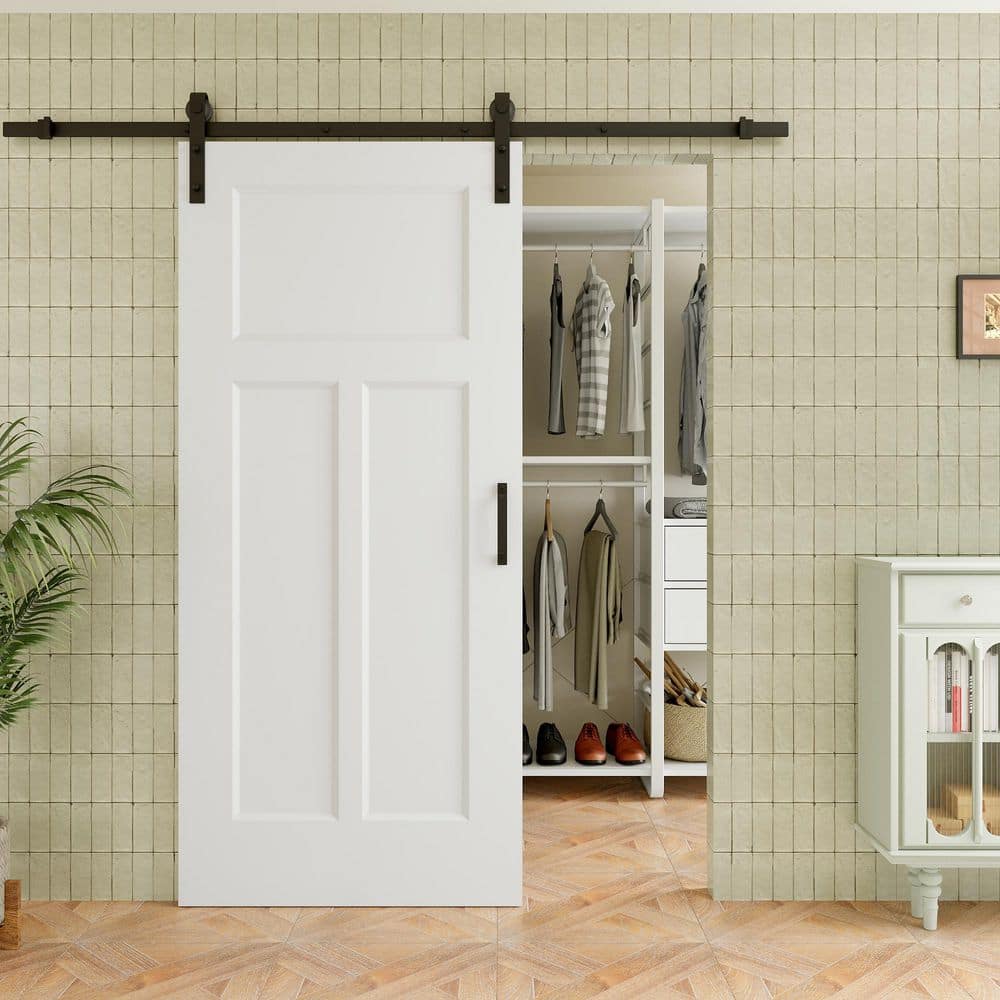 36 in. x 80 in. T Shape 3 Panel Solid Core White Primed MDF Sliding Barn Door with Hardware Kit without Soft Close price history on PriceWatchPro