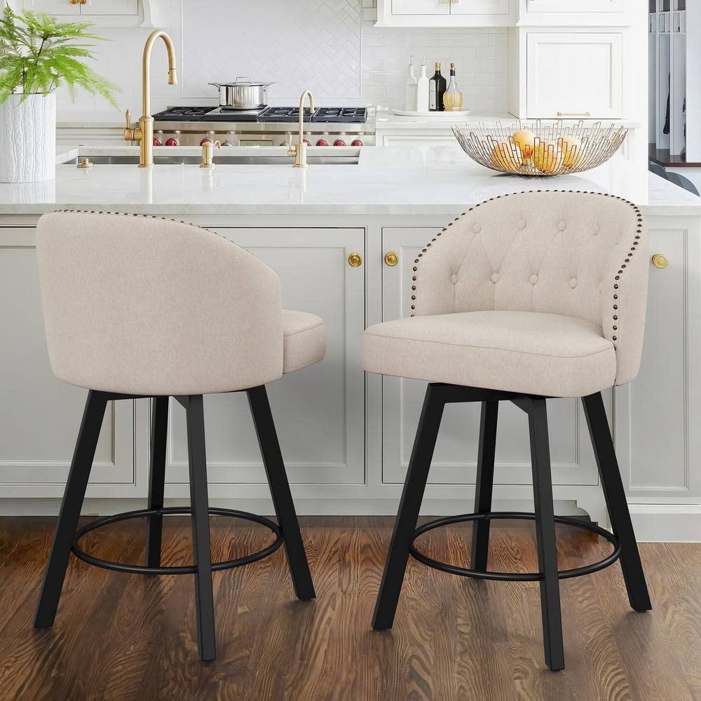 Linen Upholstered Swivel Counter Stools with Metal Legs, Set of 2