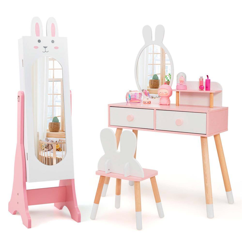 Kids Vanity Set Princess Makeup Dressing Table and Chair Set with Jewelry Armoire White