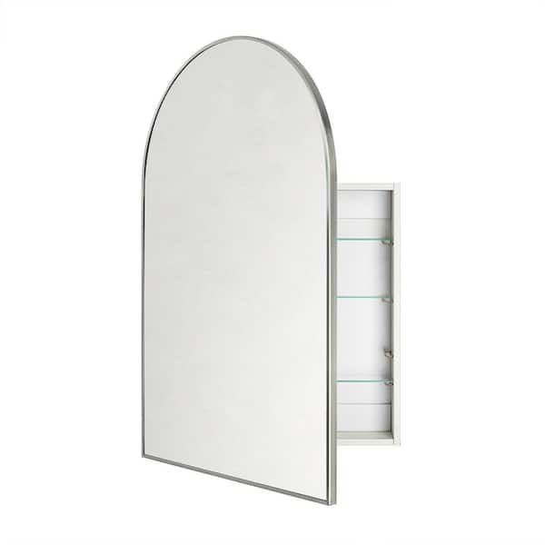 24 in. W x 36 in. H Arched Metal Framed Recessed and Surface Medicine Cabinet with Mirror in Brushed Nickel