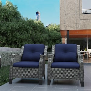 2-Piece Wicker Patio Outdoor Lounge Chair with Blue Cushions