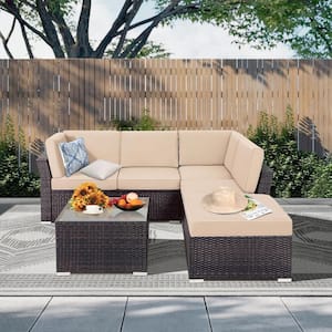 Brown 4-Piece Wicker Outdoor Sectional Set with Brown Cushions
