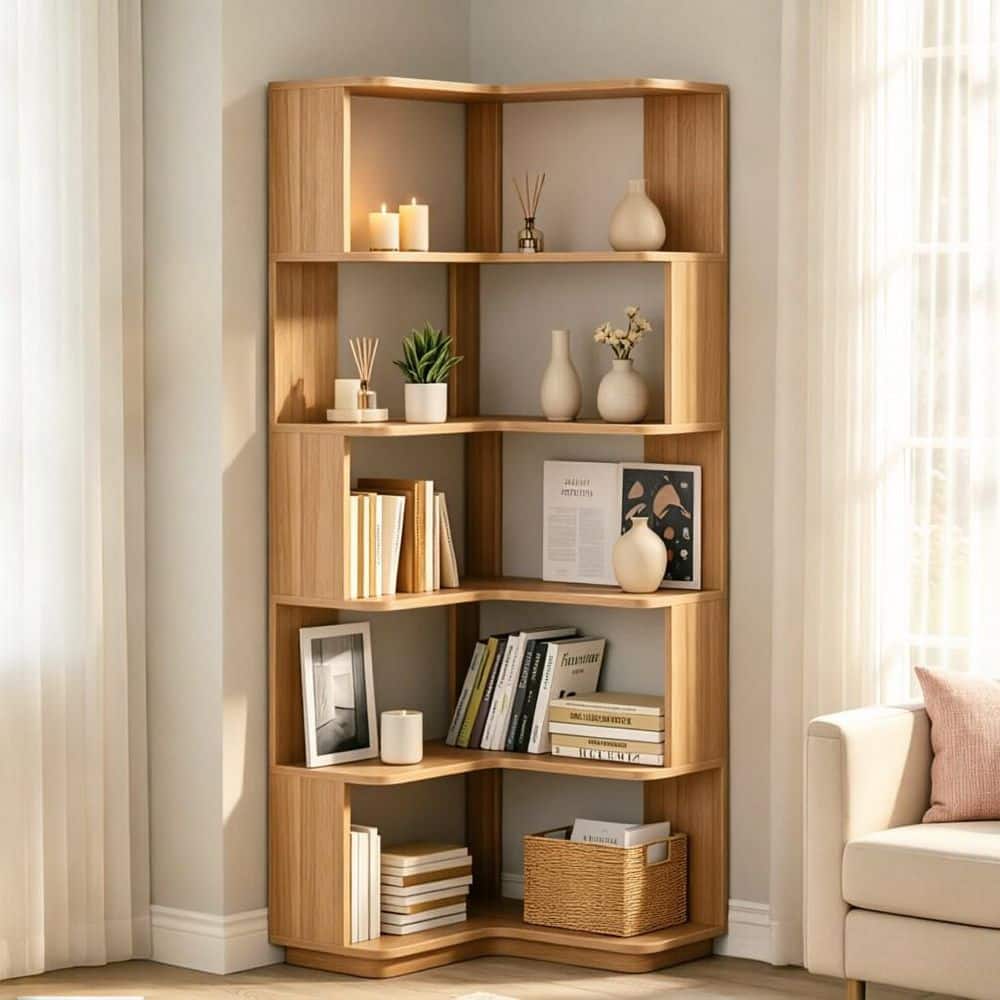 22 in. x 64.96 in. 5 Shelf Bakers Rack with Corner Design, Wood Kitchen Storage Shelf with Curved Edge for Small Spaces price history on PriceWatchPro