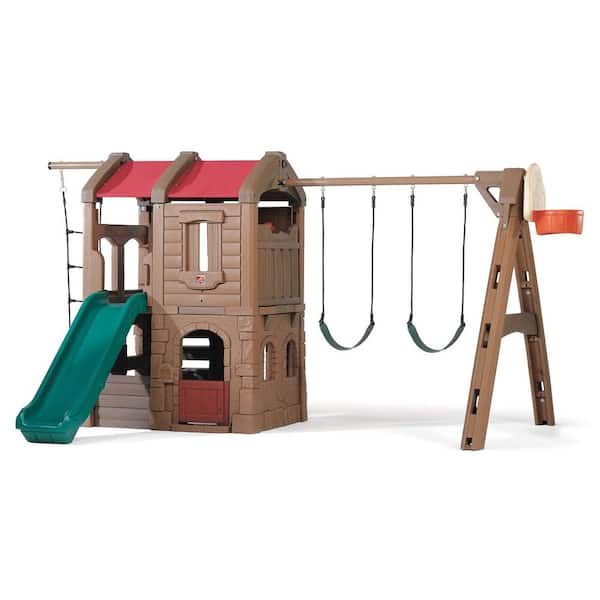 Naturally Playful Adventure Lodge Plastic Playground Set with Slide, Climber, Swing Set and Lookout Tower
