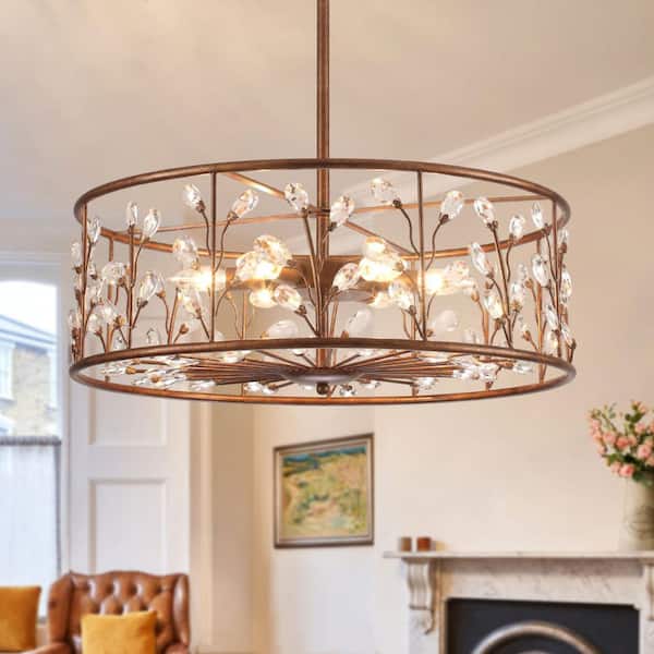 6-Light Vintage Copper Pendant Drum Chandelier with Crystal Accents