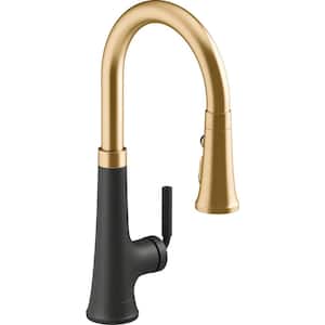 Tone Single Handle Pull Down Sprayer Kitchen Faucet in Matte Black with Moderne Brass