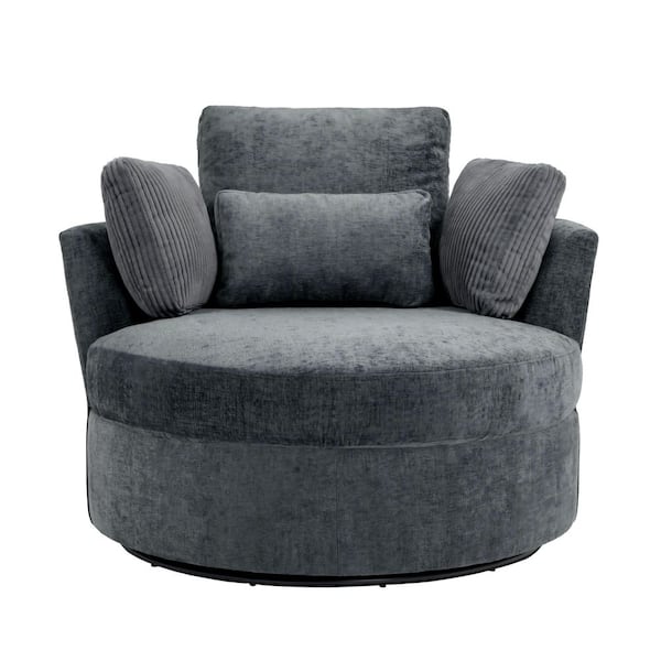 Gray Cotton Upholstered 360° Swivel Accent Barrel Chair with Corduroy Pillows (Set of 1)