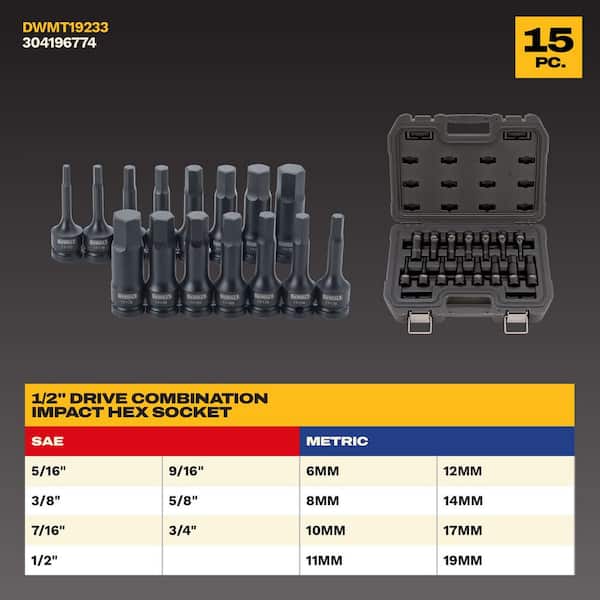 1/2 in. Drive Combination Impact Hex Socket Set (15-Piece)