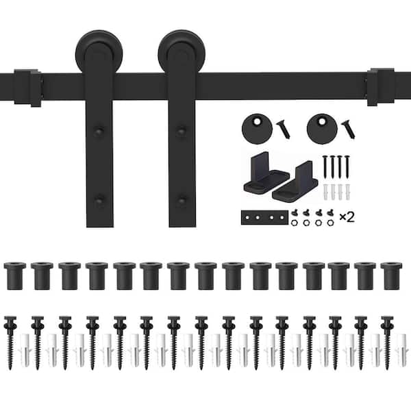 WINSOON 18 ft. /216 in. Frosted Black Strap Sliding Barn Door Hardware Kit for Single Wood Door with Non-Routed Floor Guide