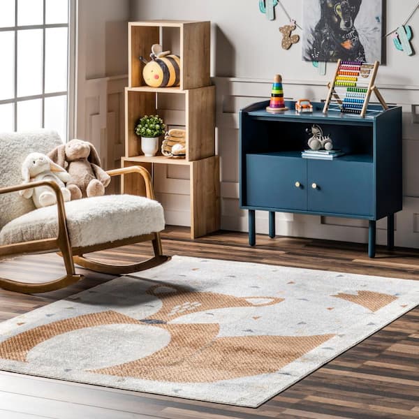 Talia Bashful Fox Kids Machine Washable Beige Doormat 3 ft. x 5 ft. Accent Rug