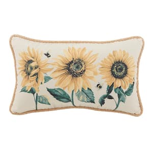12 in. x 20 in. Sunflower Trio with Bees Outdoor Lumbar pillow with Decorative Trim