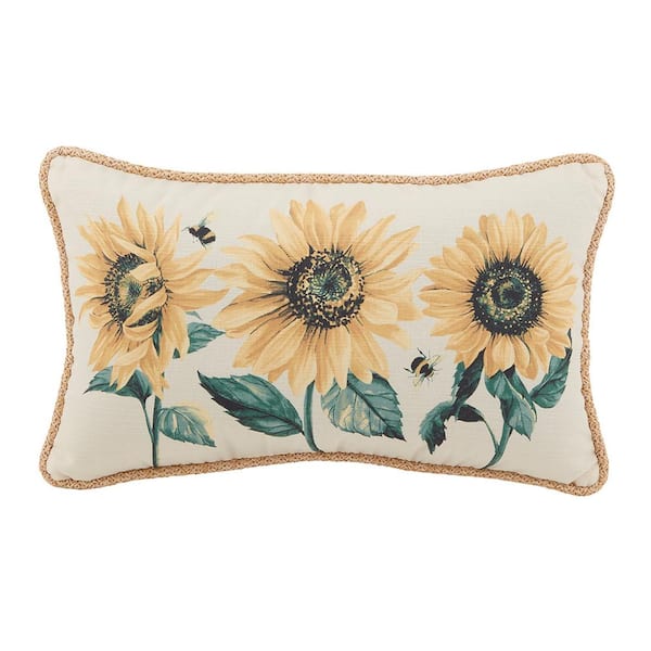 Hampton Bay 12 in. x 20 in. Sunflower Trio with Bees Outdoor Lumbar pillow with Decorative Trim 04365035 The Home Depot