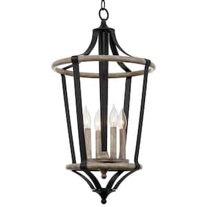 Huxley 27.5 in. 60-Watt 4-Light Black with Gray Oak Wood Style Open Lantern Design Pendant Light