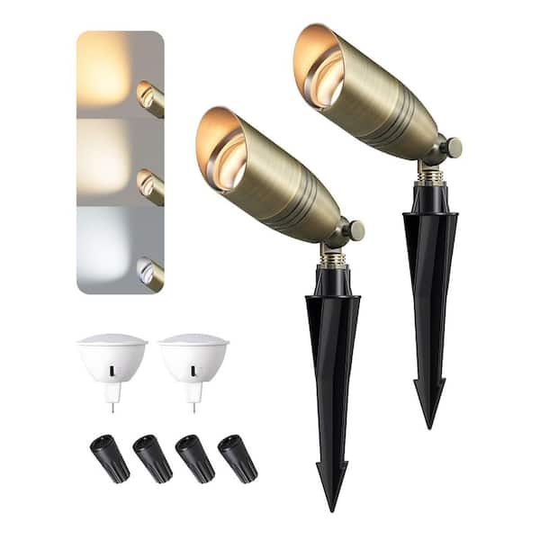 Low Voltage Solid Brass Bronze 12V LED Outdoor Waterproof Landscape Lighting Spotlight with 3CCT MR16 Bulb, 2 Pack