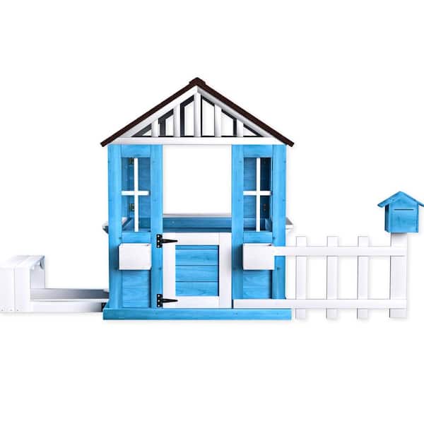 Novric Indoor Outdoor Wooden Kids Playhouse with Picnic Bench, Fence, Flowerpot Holders and Mailbox