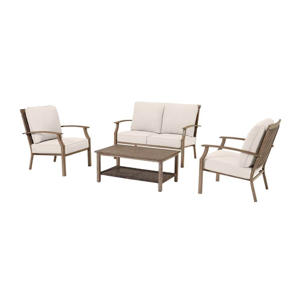 Hampton Bay Geneva Brown 4Piece Wicker Outdoor Patio Conversation Deep Seating Set With Almond