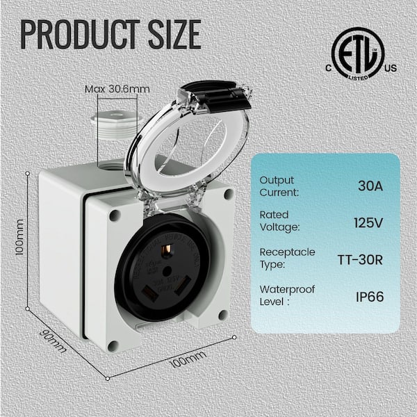 N/A 30A 125V NEMA TT-30R RV Power Outlet Box, IP66 Waterproof
