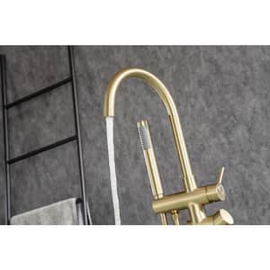 Mondawell Gooseneck Swivel 2-Handle Freestanding Tub Faucet with Hand Shower Valve Included in Brushed Gold