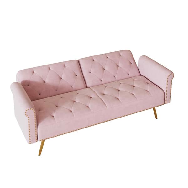 67.7 in. Square Arm Velvet Rectangle Sofa with Sofa Bed and Pillows in Pink (Seats 2)