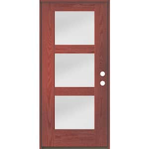 BRIGHTON Modern 36 in. x 80 in. 3-Lite Left-Hand/Inswing Satin Etched Glass Redwood Stain Fiberglass Prehung Front Door