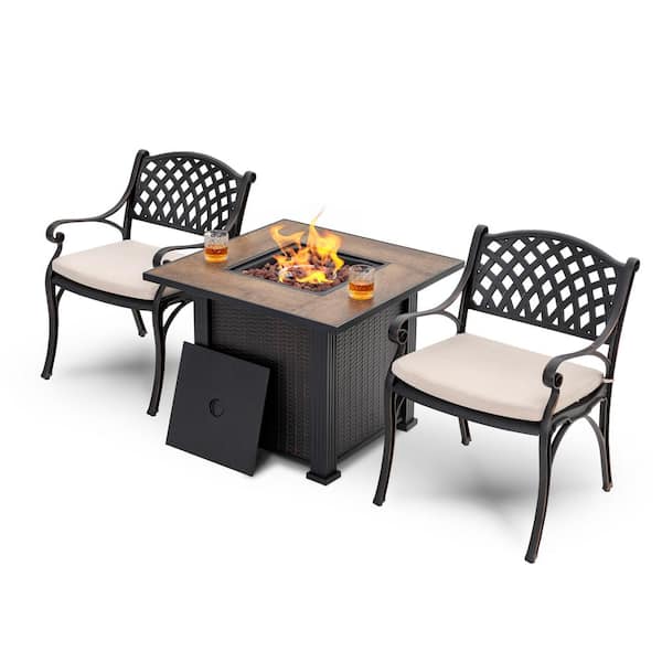 Nuu Garden Brown 3-Piece Wicker Patio Fire Pit Set with Beige Cushion Patio Conversation Set with Antique Bronze Aluminum Chair