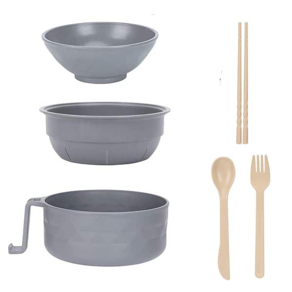 Microwave Ramen Cooker Bowl Gray Wheat Straw BPA-Free Dishwasher-Safe with Chopsticks Spoon for Dorm Office Lunch