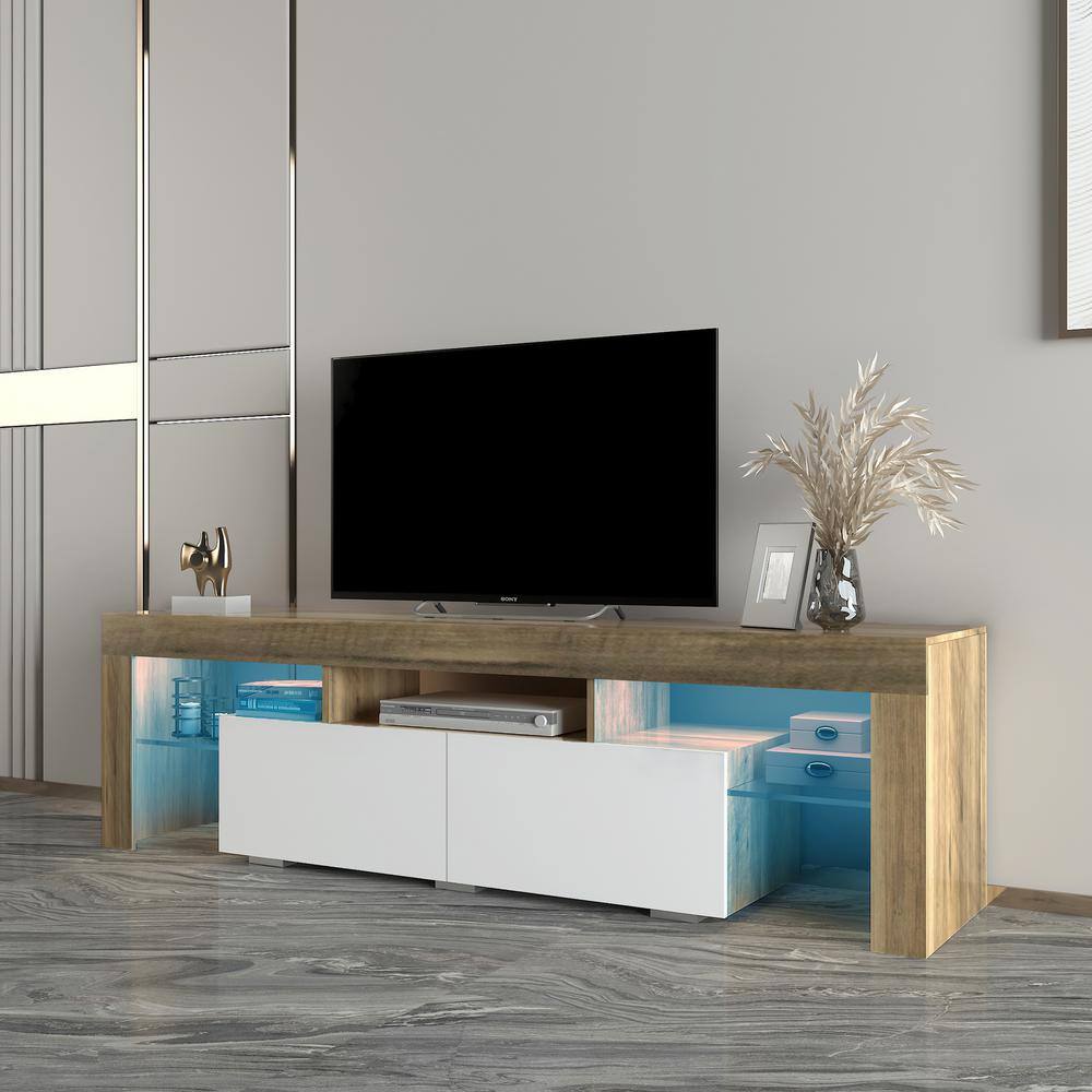 GODEER 63.00 in. White/Walnet TV Stand Fits TV's up to 70 in. with ...