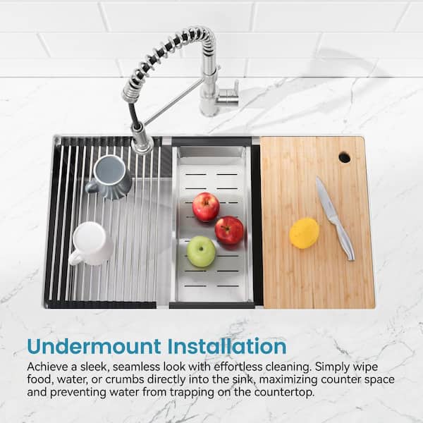 33 in. x 19 in. Brushed Stainless Steel Single Bowl Overmount Workstation Kitchen Sink with Cutting Board and Colander
