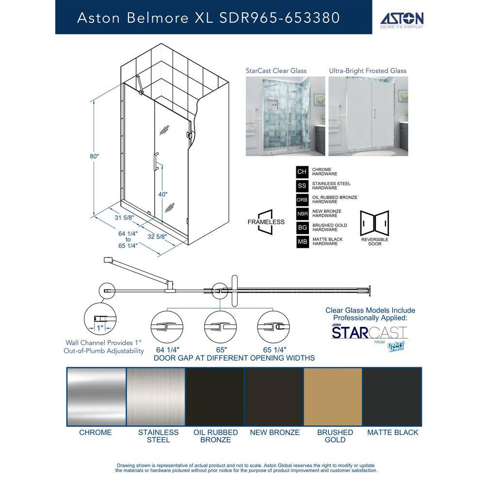 Belmore XL Matte Black Frameless Hinged Shower Door with Clear Glass