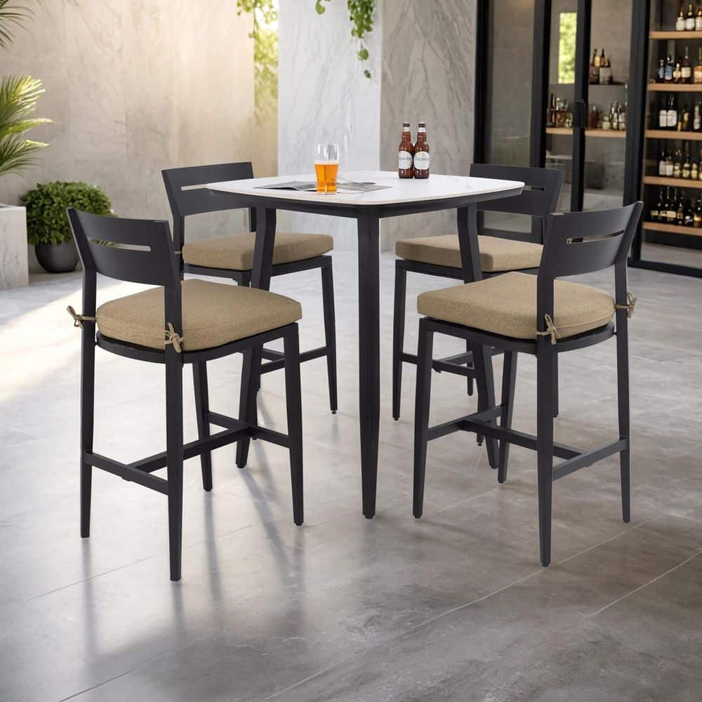 Barvallo 5-Piece Aluminum Rounded-Square 41.7 in. Outdoor Bistro Set with Sunbrella Brown Cushion and Umbrella Hole price history on PriceWatchPro