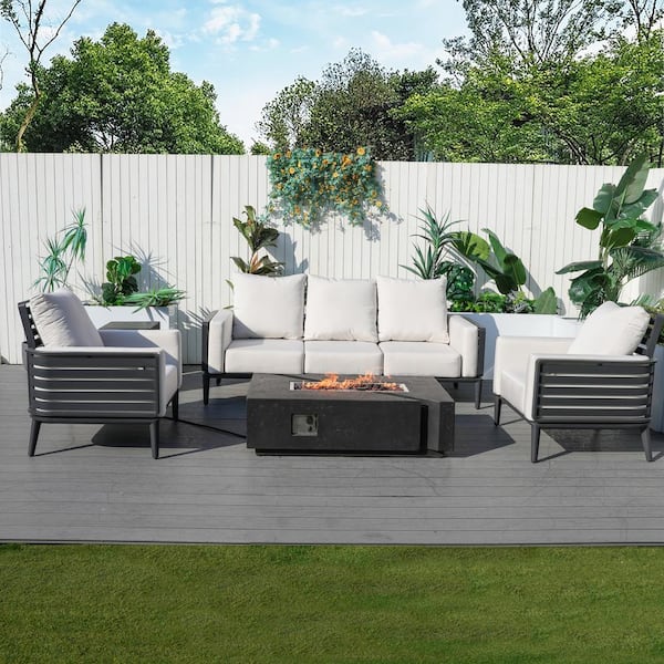 moda furnishings 5-Person Aluminum Patio Conversation Set with White Cushions and Fire Pit