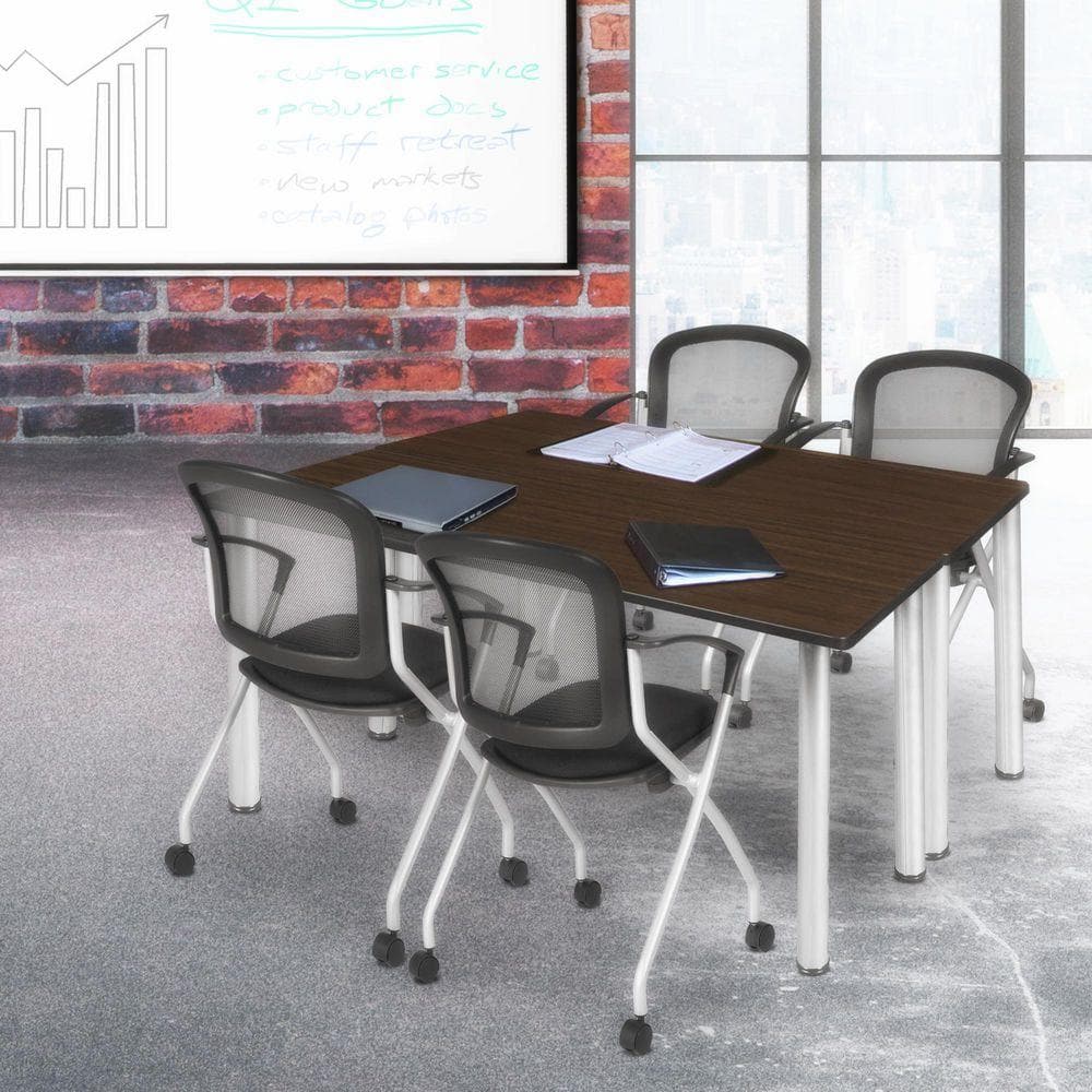 Kee 66 in x 24 in. Neo Walnut Top Training Table Desk, Chrome Legs & 2 Cadence Nesting Chairs