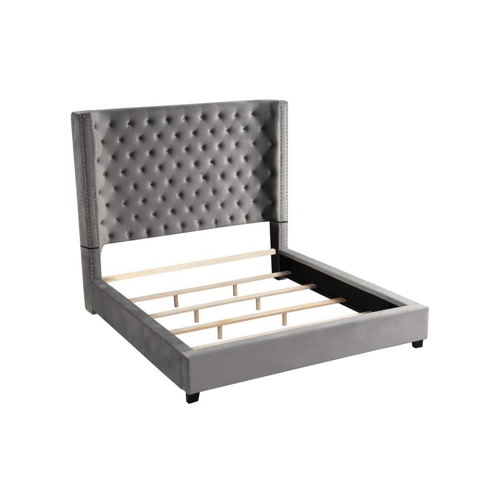 Regal Gray Velvet King Platform Bed with Nailhead Trim and Storage Drawer