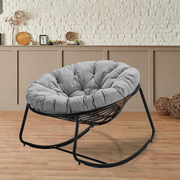 Cesicia Gray Metal Round Outdoor Rocking Chair with Gray Cushion