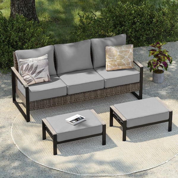 3 Pieces Patio Conversation Set Sofa with Ottomans All-Weather PE Rattan Gray Wicker with Gray Cushion