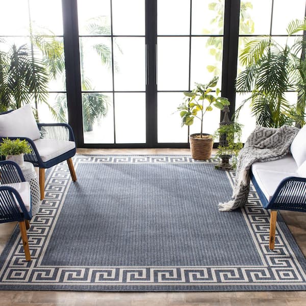 Bermuda Dark Blue/Ivory 8 ft. x 8 ft. Machine Washable Geometric Border Indoor/Outdoor Square Area Rug