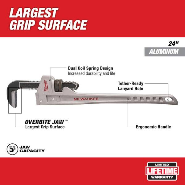 Milwaukee 18-inch Aluminum Pipe Wrench With Overbite Jaws. Lightweight And Tough With Dual Coil Springs. Model 48-22-7218.